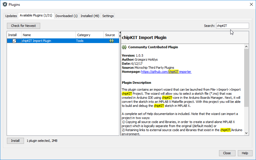  Search for the chipKIT Importer plugin from within the MPLAB X plugin manager